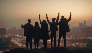 young adults standing city arms raised celebrating generated by ai